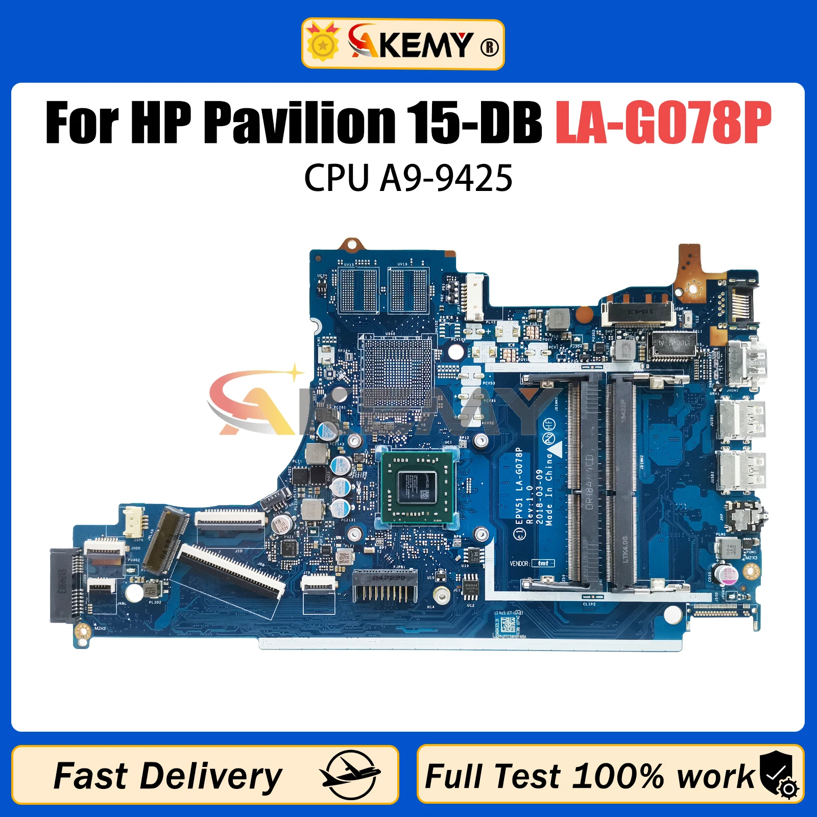 AKEMY LA-G078P Motherboard For HP Pavilion 15-DB 15T-DB 255 G7 EPV51 L20477-601 Laptop Mainboard A9-9425 CPU DDR4