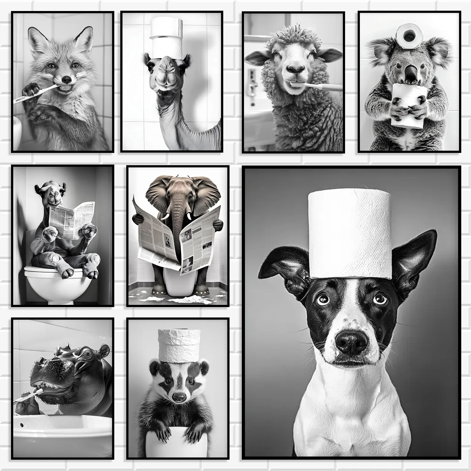 Monochrome Humorous Wildlife Canvas Prints Daily Bathroom Scenes Wall Art Modern Bathroom Apartment Club Decorative Painting