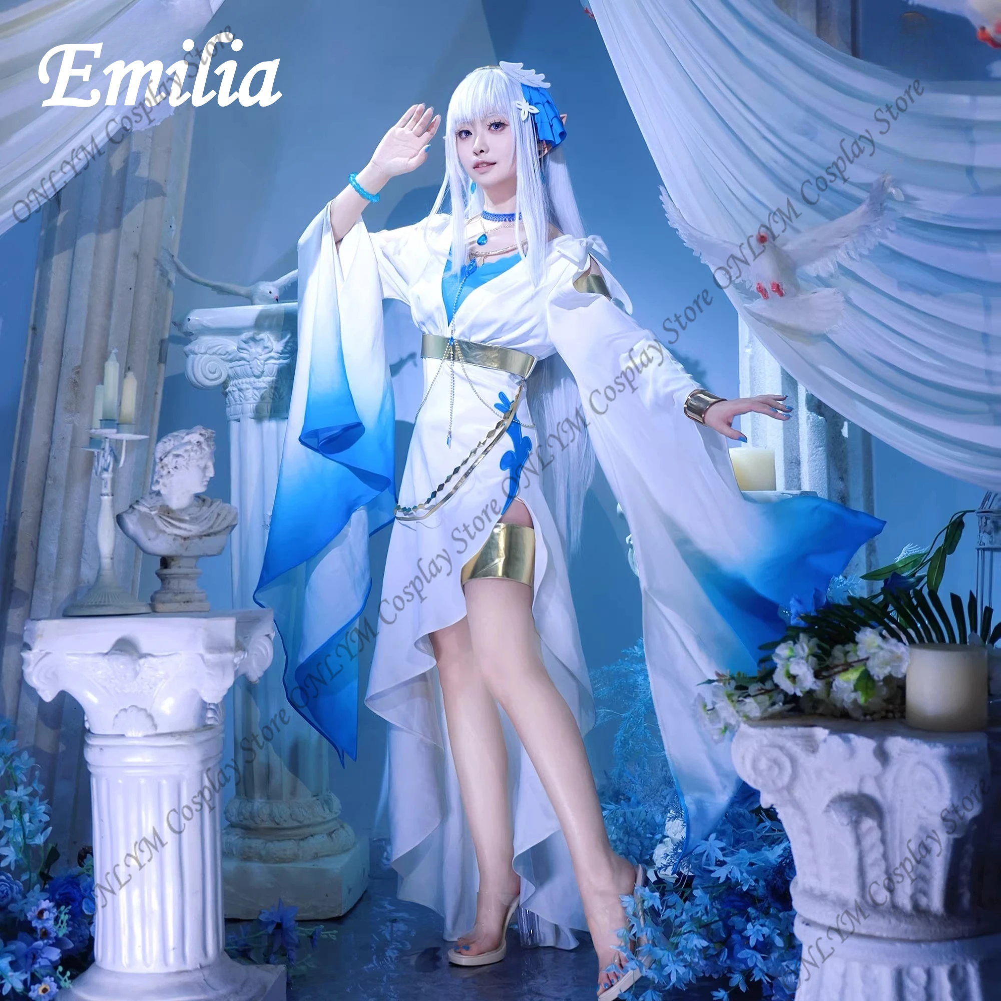 Disfraz de Cosplay de Anime Rezero Emilia エミリア, trajes de Cosplay, peluca Rezero, vestido de Emilia, disfraz de actuación de Halloween para mujer