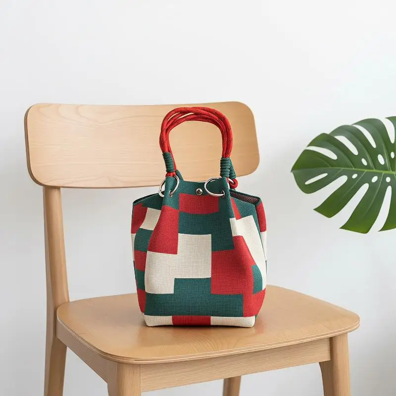Mini Knitted Bucket Bag Women Fashion Geometric Colorblock Durable Wristlet Small Daily Handbag for Office 1PC
