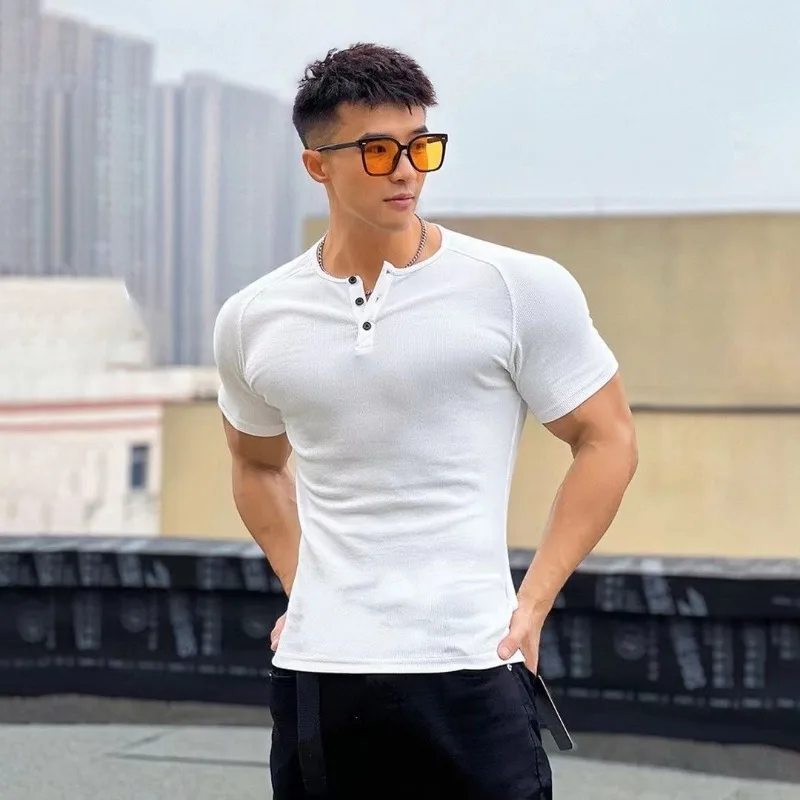 Men\'s T-shirt Summer Running Sports Fitness Clothes Muscle Slim Fit Short Sleeve Half Button O-neck Pullover Casual Short Sleeve