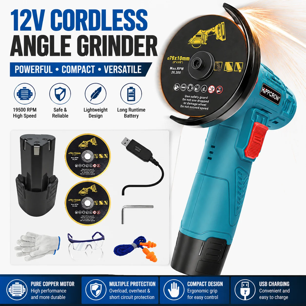 HIPPCRON 19500RPM Electric Portable Angle Grinder Cordless Polishing Mini Cutting Diamond Grinder DIY With Lithium Battery 12V