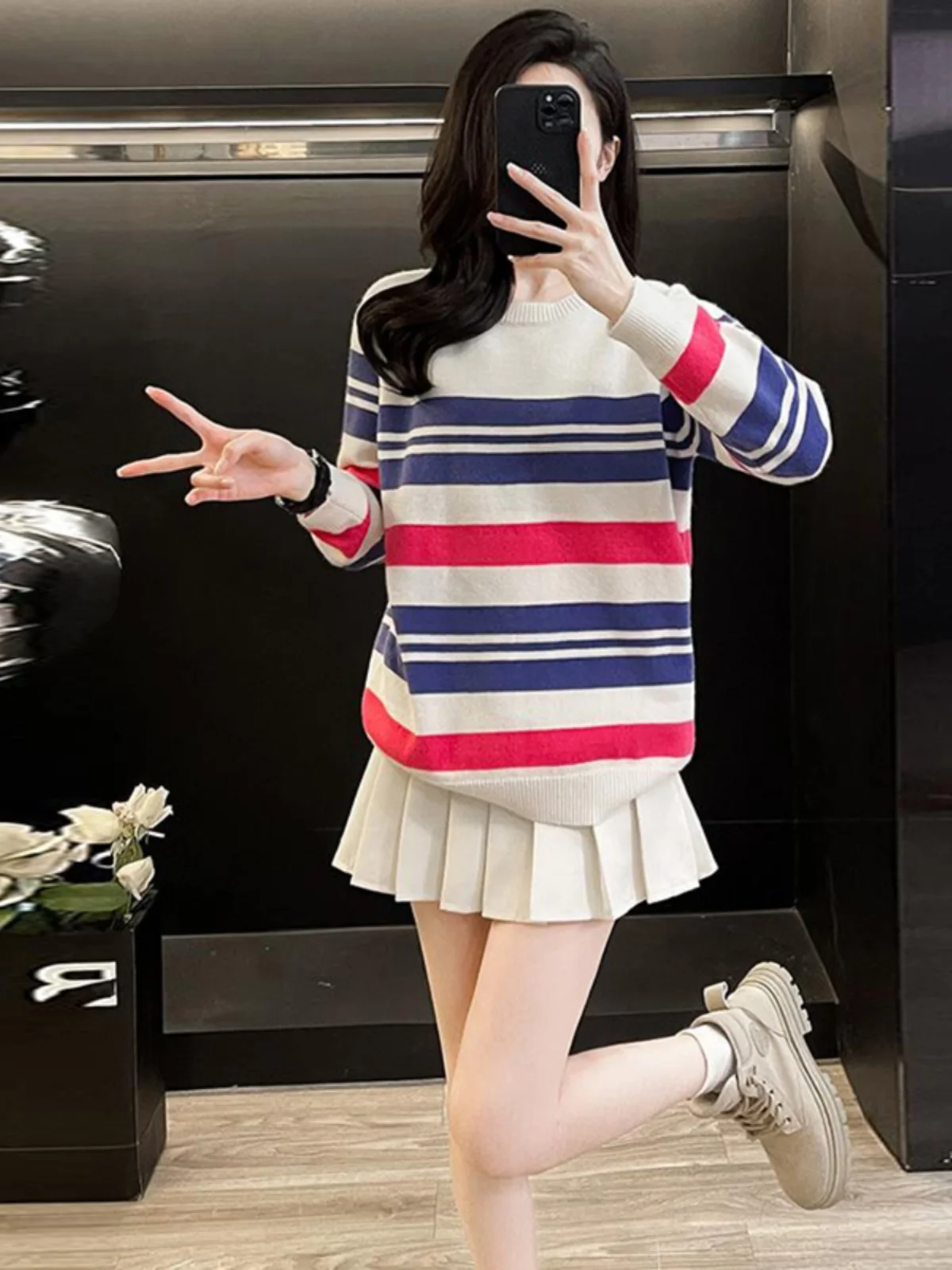 

Autumn New Style Striped Knitted Loose Long Sleeve Sweater Women's Fashion Anti-Aging Milk Fufu Casual Top Color Block Design