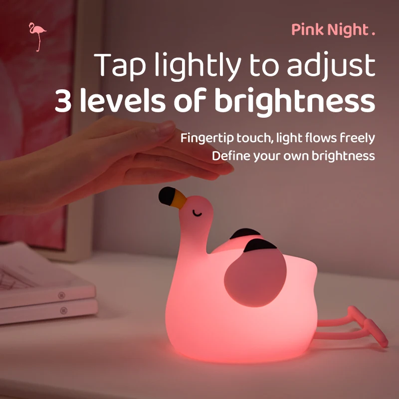 Pink Flamingo Night Light Rechargeable LED Romantic Atmosphere Light Three Levels of Brightness Adjustment Bedroom Bedside Lamp
