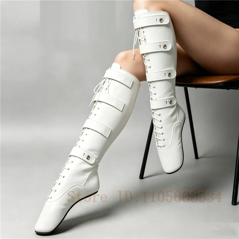Women Knee High Ballet Heel Boots Multi Straps with Gold Locks & Keys Front Lace Up No Heel Exotic Dancer Pole Dance Boots