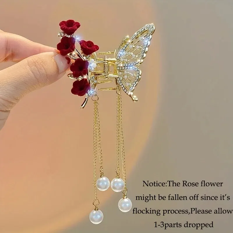 1pc Faux Pearl Tassel Hair Claw Clip Red Rose Jaw Clips Metal Shark Clips For Women Girls Hair Styling Accessories