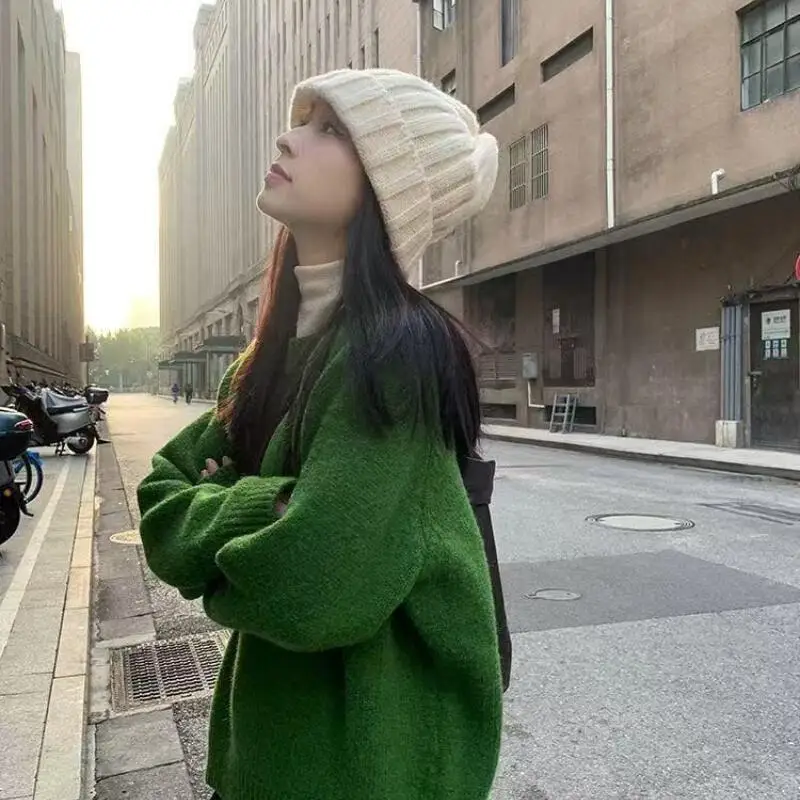 

Dopamine Sweater Girl Autumn Winter Loose Lazy Style Pullover Soft Keep Warm Innerwear Tops Jumper Women Green Texture Knitwear