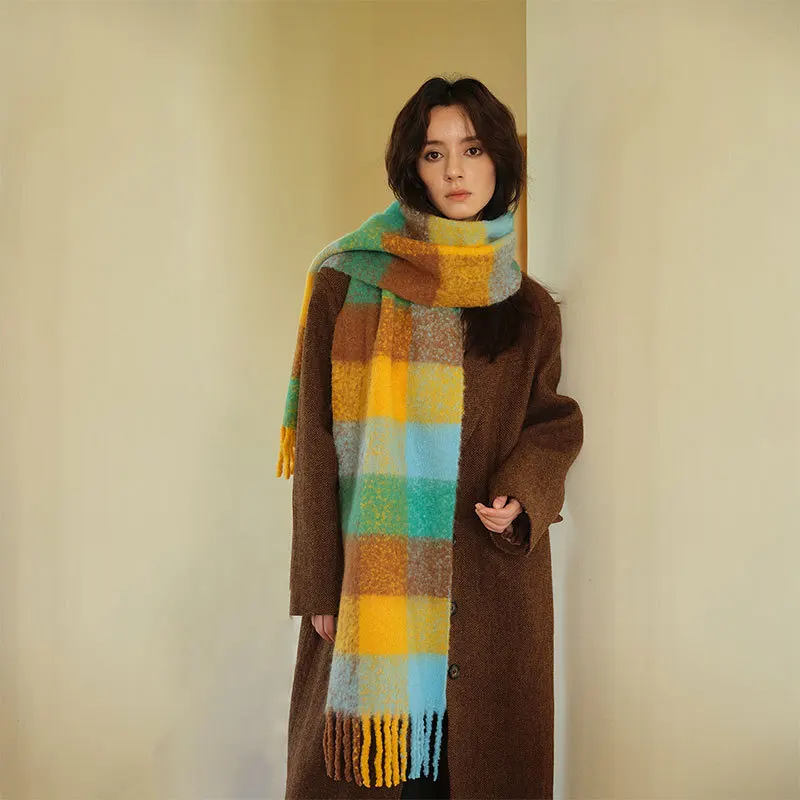 2024Winter New Wool Women's Scarf Warm Contrast Grid with Wool Lock Warmth Scarf Thickened WarmthOuter Wear Cold resistant Shawl