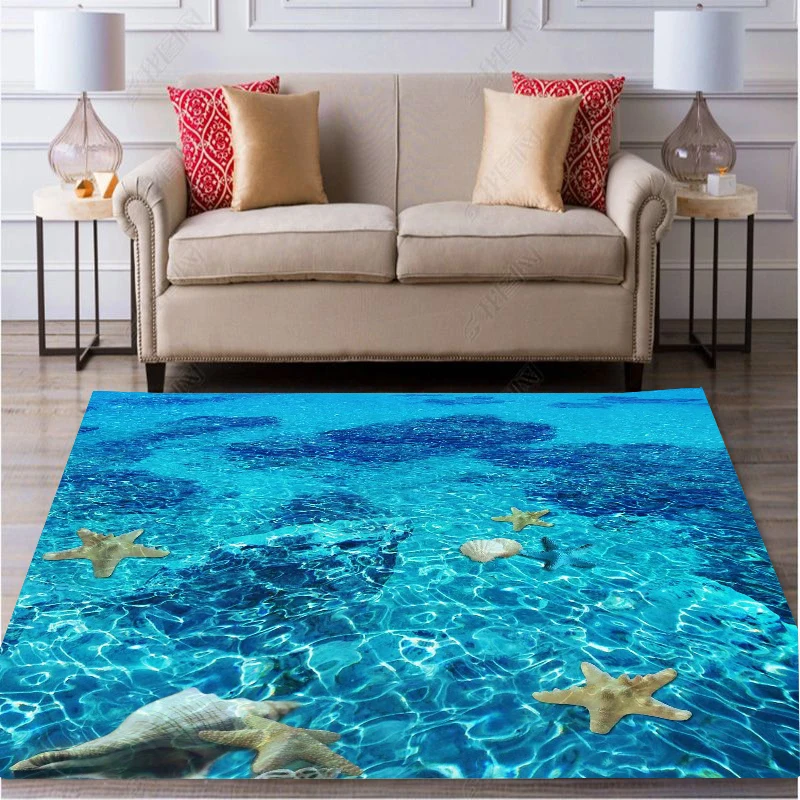 3D Printed Blue Underwater Landscape Carpet for Living Room Modern Sea Pattern Parlor Decoration Sofa Rug Easy Cleaning Foot Mat