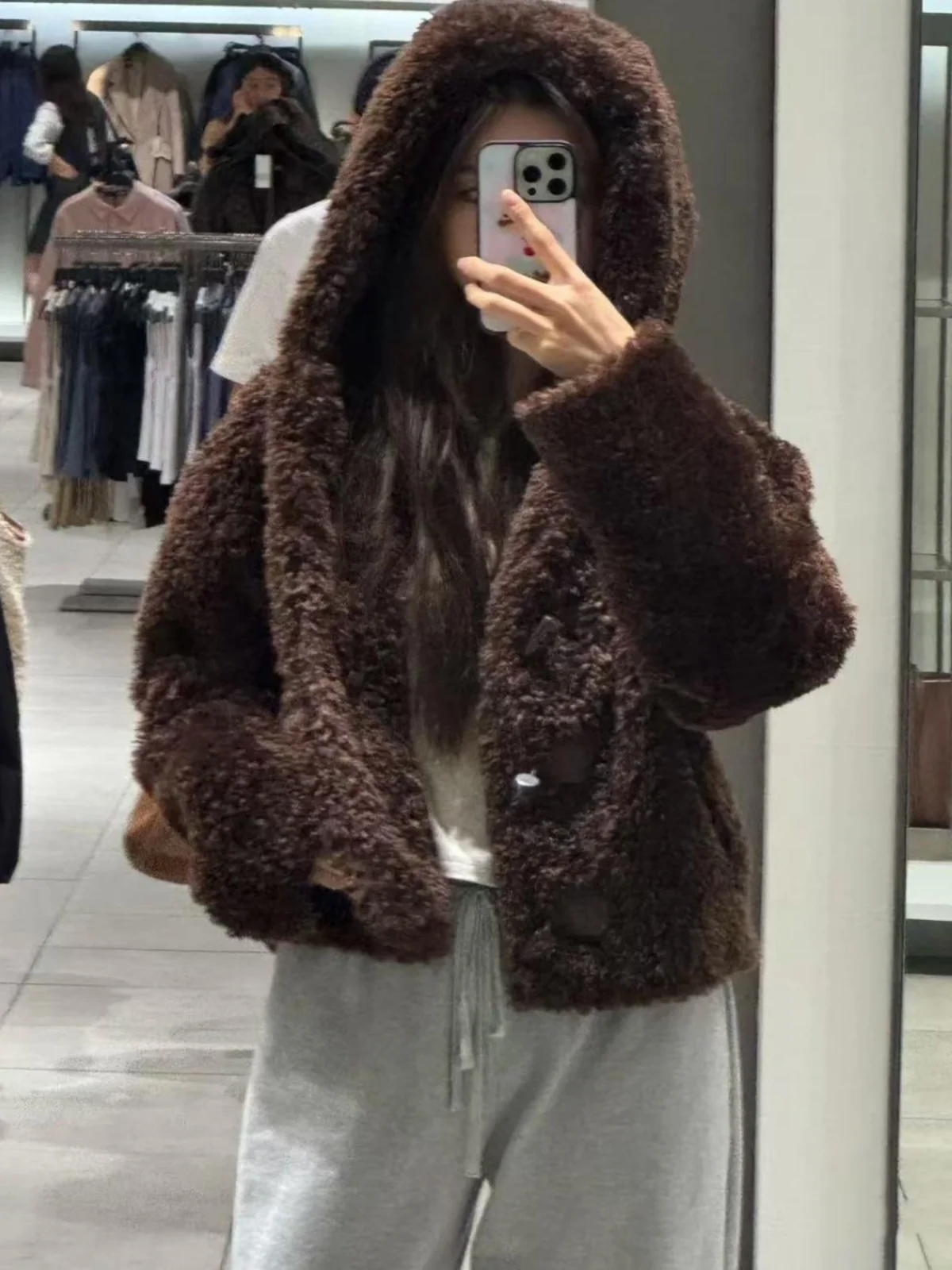 

Autumn Winter New Arrival Women's Lamb Fur Rope Knot Trimmed Fur Effect Jaet Coat Outerwear Casual Loose Fit Long Sve