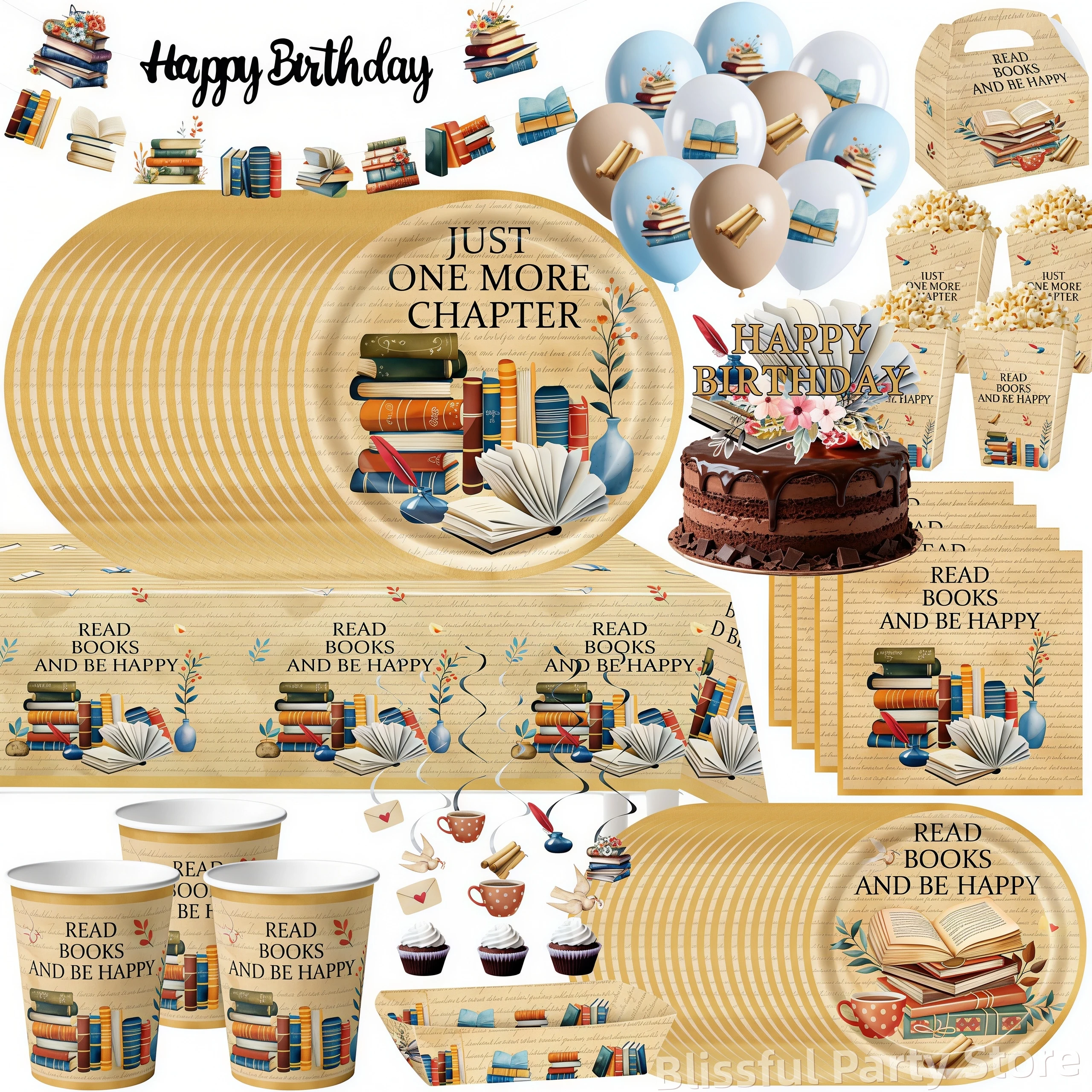 Fournitures de fête sur le thème des livres vintage, plateaux à papier rétro, gobelets, bannières, ballons, cadeaux pour enfants, décorations de Noël, de maison et d'anniversaire