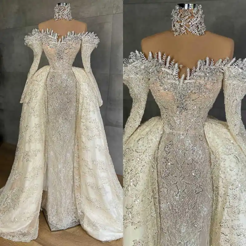 

Luxury Ball Gowns Crystal Neck Wedding Dress Prom Gown Appliques 3D-Lace Flowers Bridal Gowns vestido de novia Size Customized