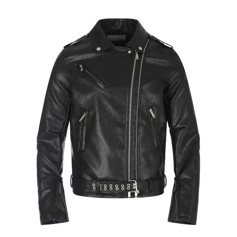 Chaqueta de cuero PU ajustable con doble cremallera estilo rockero para hombre y mujer, negra, corte ajustado, cuello vuelto, NCRZ
