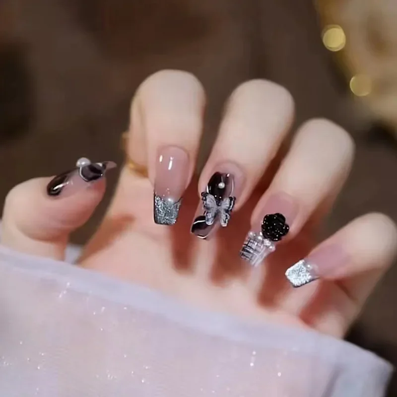 24Ps/Set Wearing Short Fake Nails Finished Ballet Diamond Aurora Glitter Press on Nails Art Clips Flash Acrylic Nails False Uñas