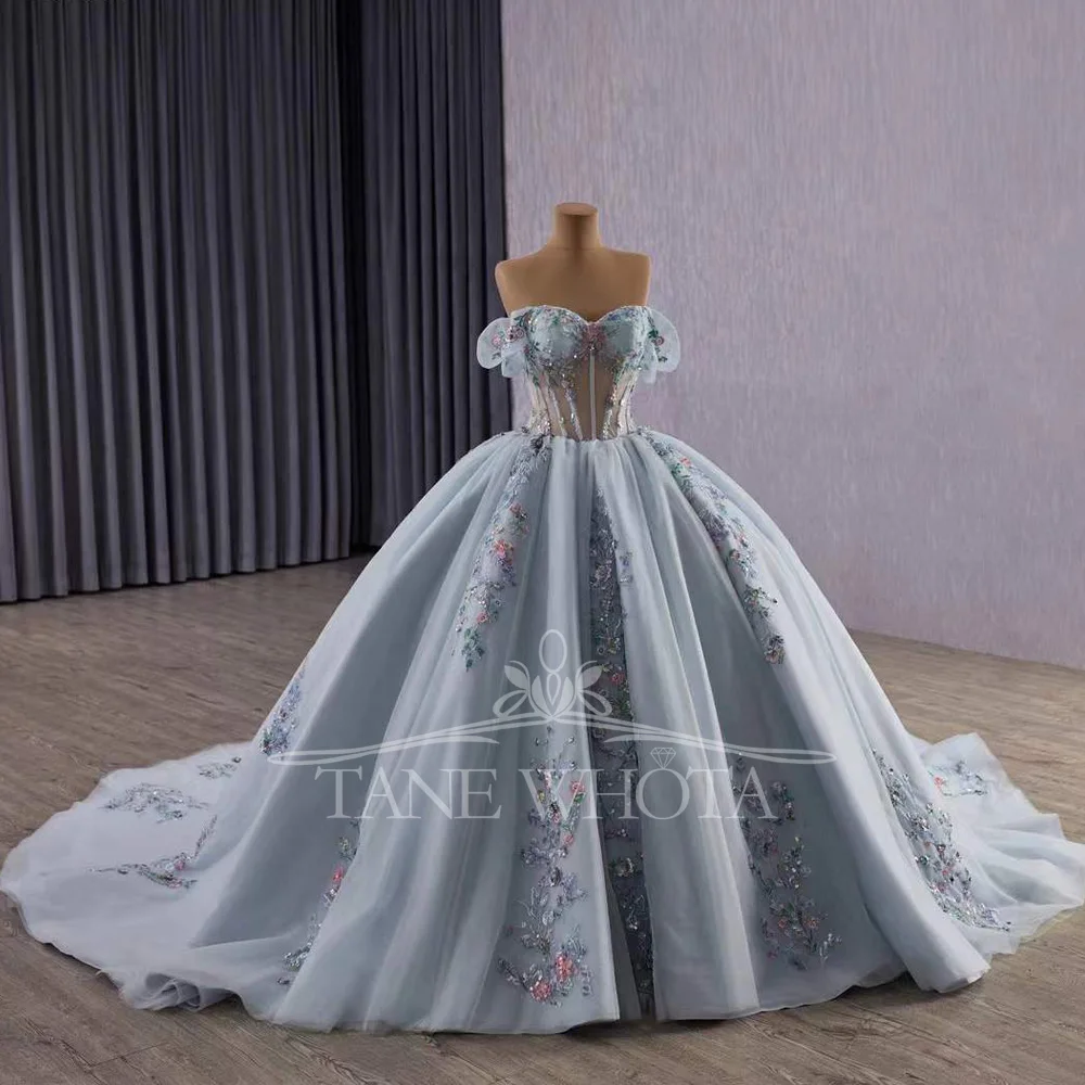 

Abiti Quinceanera Милое платье принцессы Quinceanera с открытыми плечами и шнуровкой сзади, длинное кружевное платье с цветочным принтом, серебристо-серое