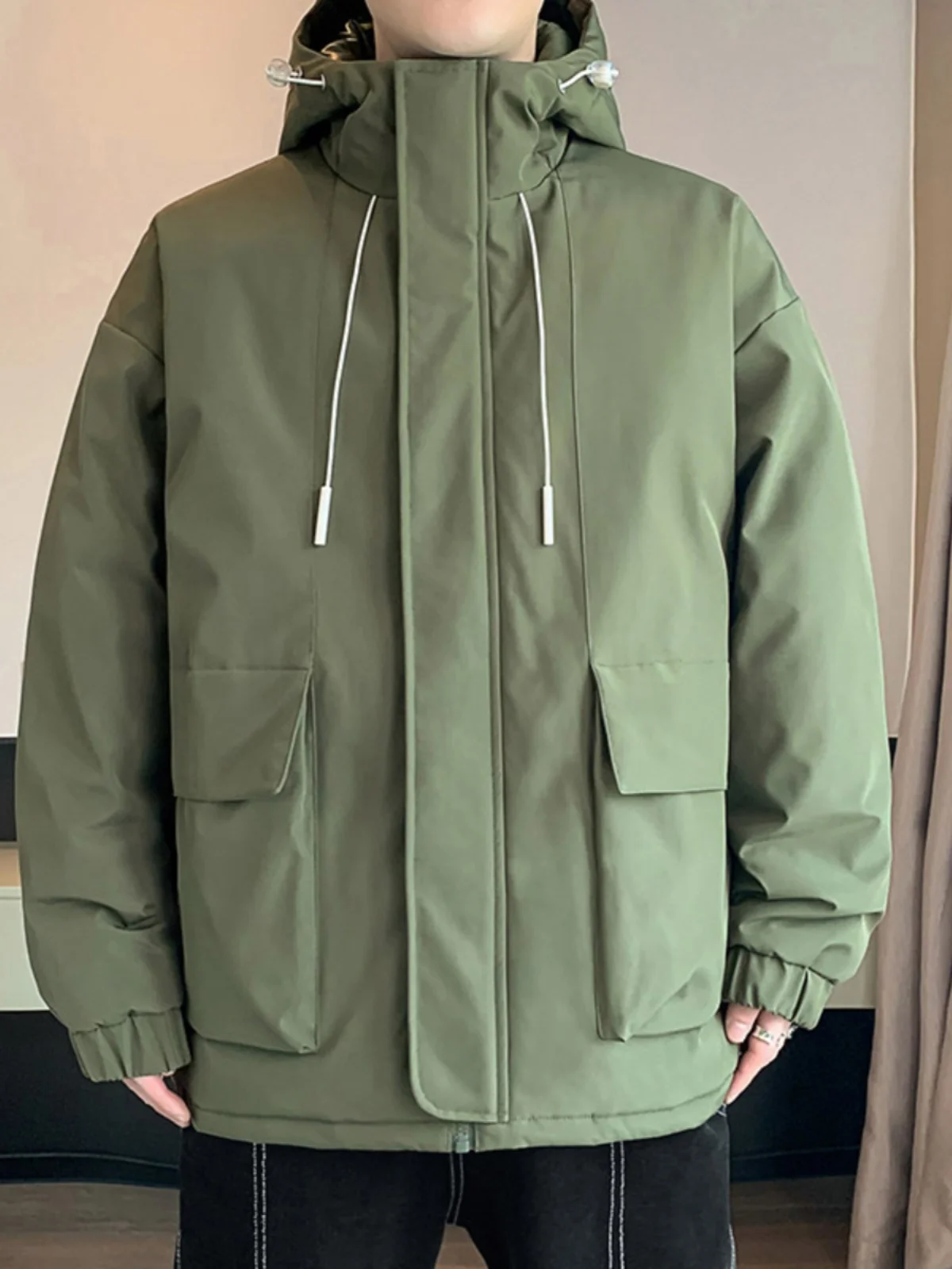 

Мужская утепленная парка с капюшоном на осень-зиму, свободного кроя, в городском стиле, теплая, из полиэстера, с длинными рукавами, на молнии