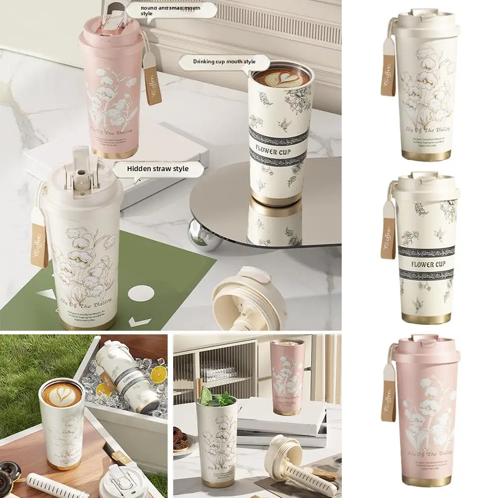 Lily Of The Valley Ceramic Liner Coffee Cup For Girls High-value Double Drinking Cup High-end Gift Stainless Steel K2s1