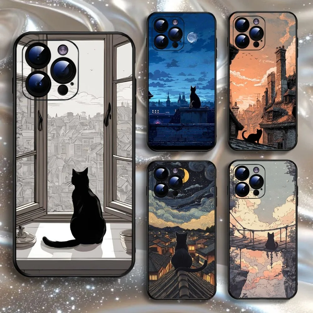 

Black Cat Back Illustration Phone Case For iPhone16,15,14,13,12,11 Plus,Pro Max,XS,X,XR,SE,Mini,8,7,Soft Silicone Black Cover