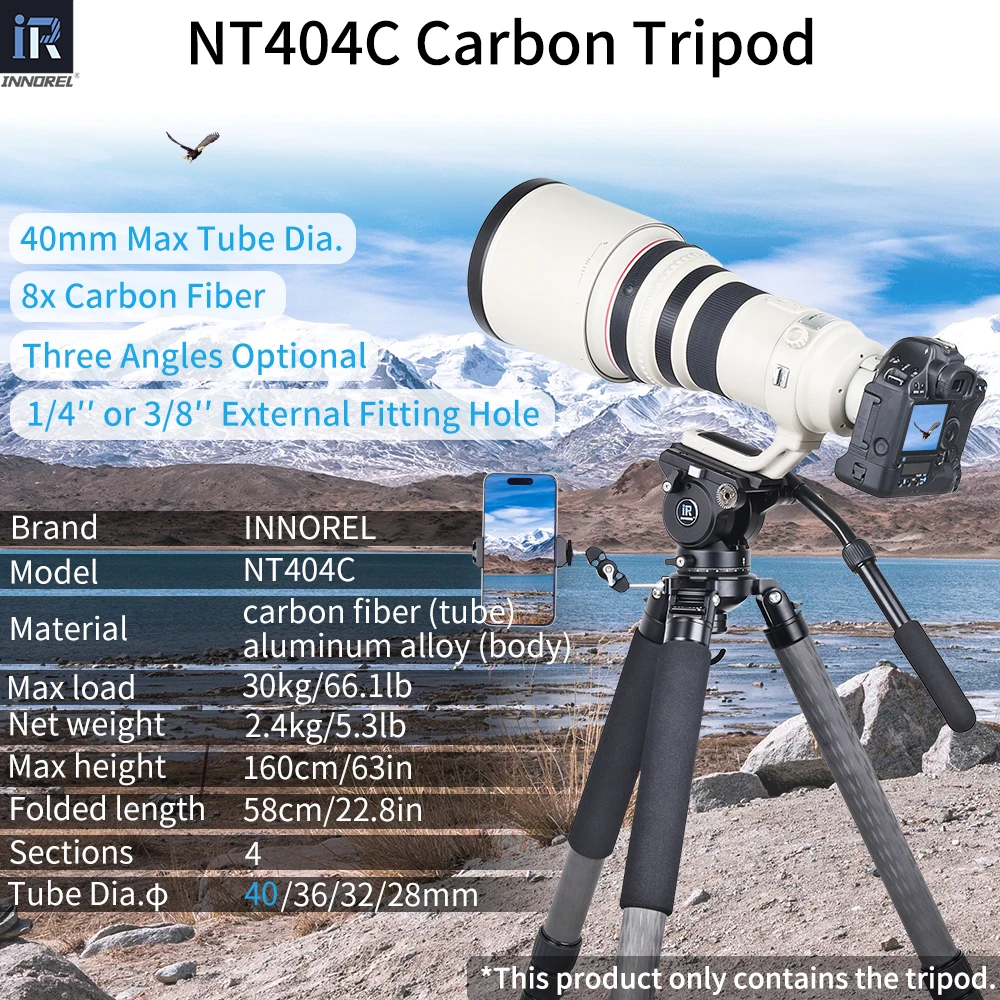 Imagem -02 - Tripé Profissional de Fibra de Carbono para Câmera Dslr Nt404c Heavy Duty Bowl Tiro Birdvering Carga de 30kg Tubo de 40 mm