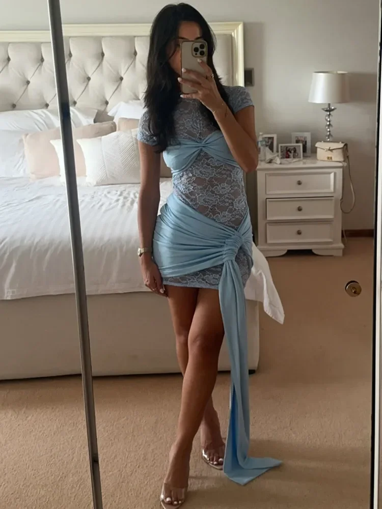 Xiaootang elegante renda retalhos vestido de alça apertada feminino sexy dupla camada perspectiva emagrecimento festa clube vestido de noite 2025