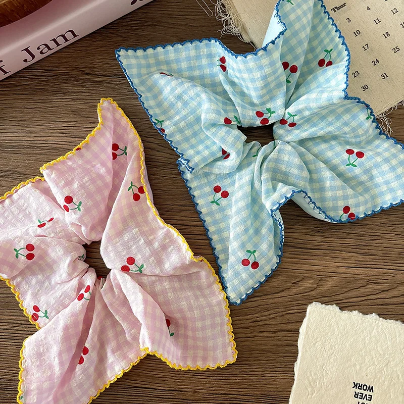 

Korean Cherry Gingham Hair Scarf Low Ponytail Bandana Scrunchies Blue Pink All-Match Girls Sweet Summer Essential