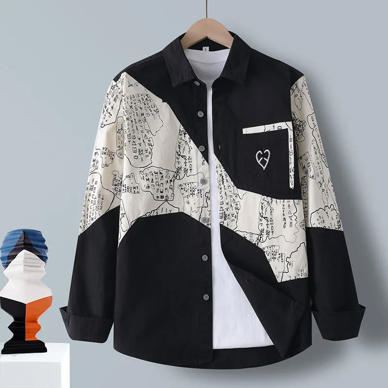 2026 Spring Men'S Large Size shirts Casual Fashion Trendy Loose High-Quality Splicing Versatile Solid Color Long-Sleeved Shirt