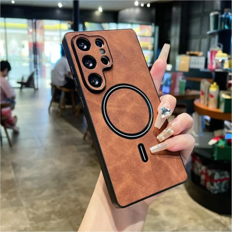 Luxury Leather For Magsafe Magnetic Wireless Charging Phone Case Samsung S26 Ultra S25 S24 S23 S22 S21 Plus Side non-slip