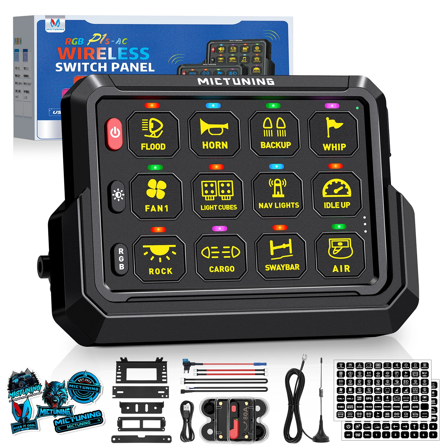MICTUNING P1s-AC Wireless 12 Gang Switch Panel, Remote Control Range Up to 265FT Plug and Play Circuit Control Relay System Box