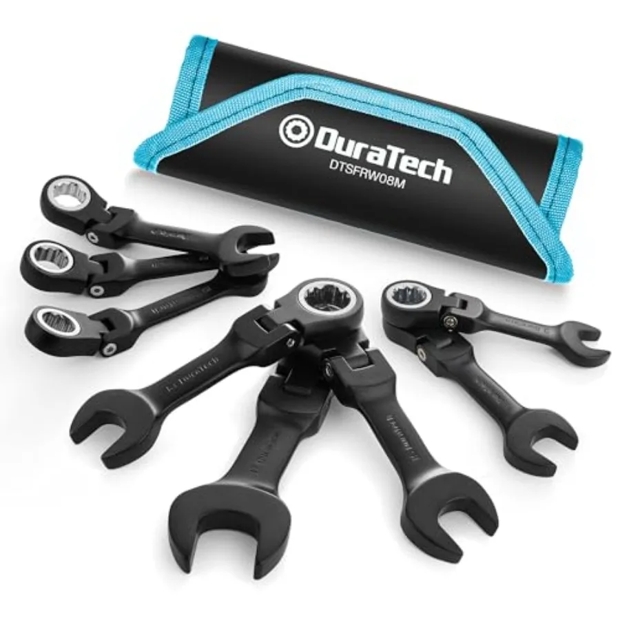 

Stubby Flex-head Ratcheting Combination Wrench Set, 8-piece,,9 to 17mm, CR-V Steel, Black Electrophoretic Coating, with Rolling