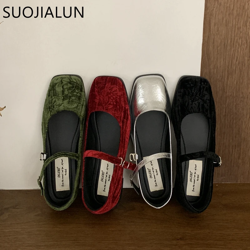 SUOJIALUN 2024 Autumn Women Flat Shoes Fashion Square Toe Sahllow Mary Jane Shoes Soft Sole Outdoor Dress Elegant Boat shoes