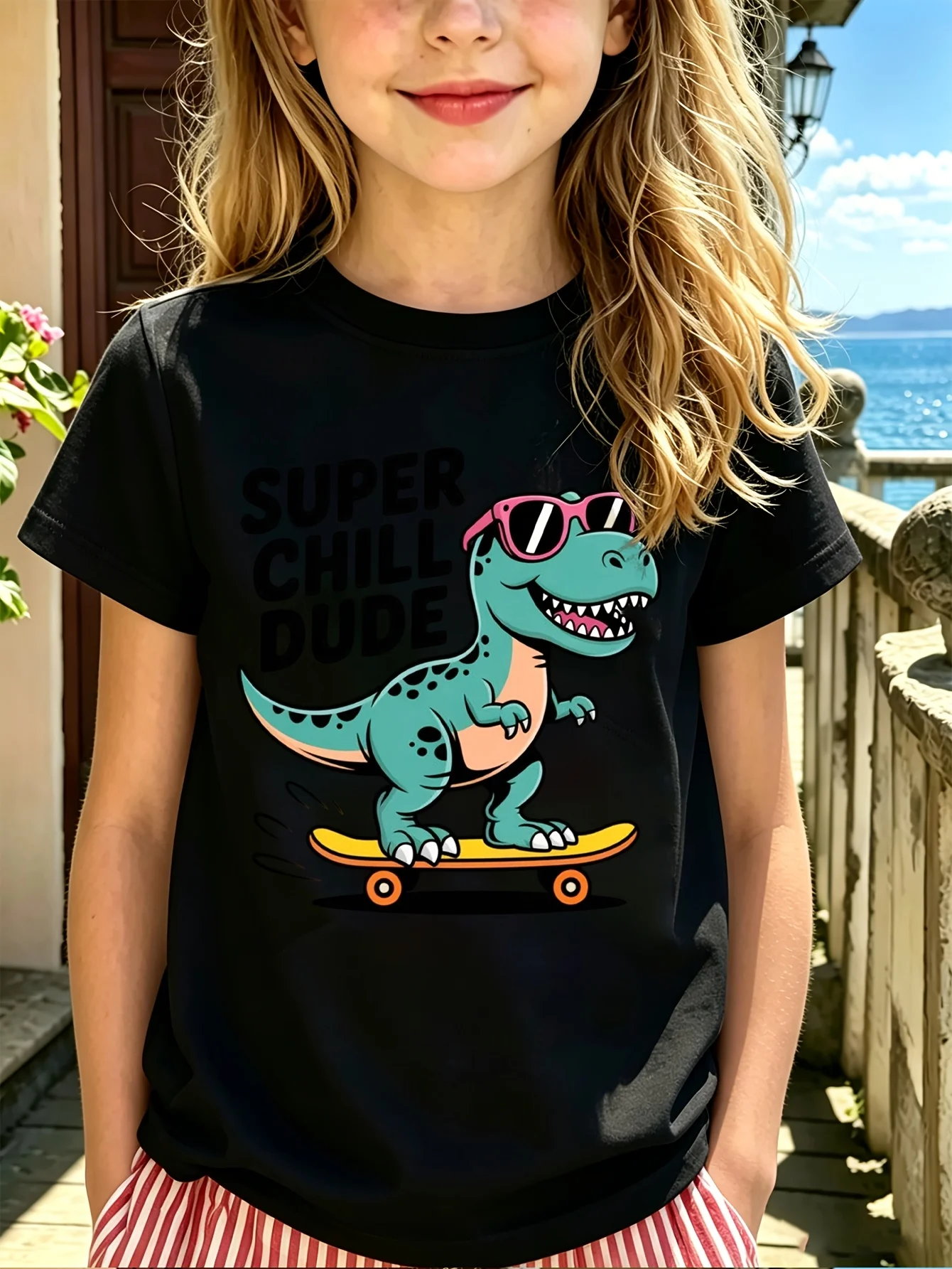 Super Dude Dinosaur Kids Tee Skateboard Cartoon Graphic Print Boys Girls Family Matching Cotton Short Sleeve Children Tshirt