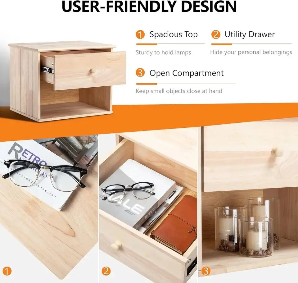 Solid Nature Wooden Nightstand, gavetas para quarto, 2 PCs/Set