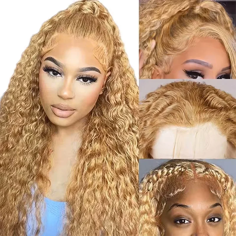 Honey Blonde Deep Wave Wigs Human Hair 13x6 HD Transparent Lace Frontal Wig 220% Density 27 Colored Curly Wigs For Women 36 Inch