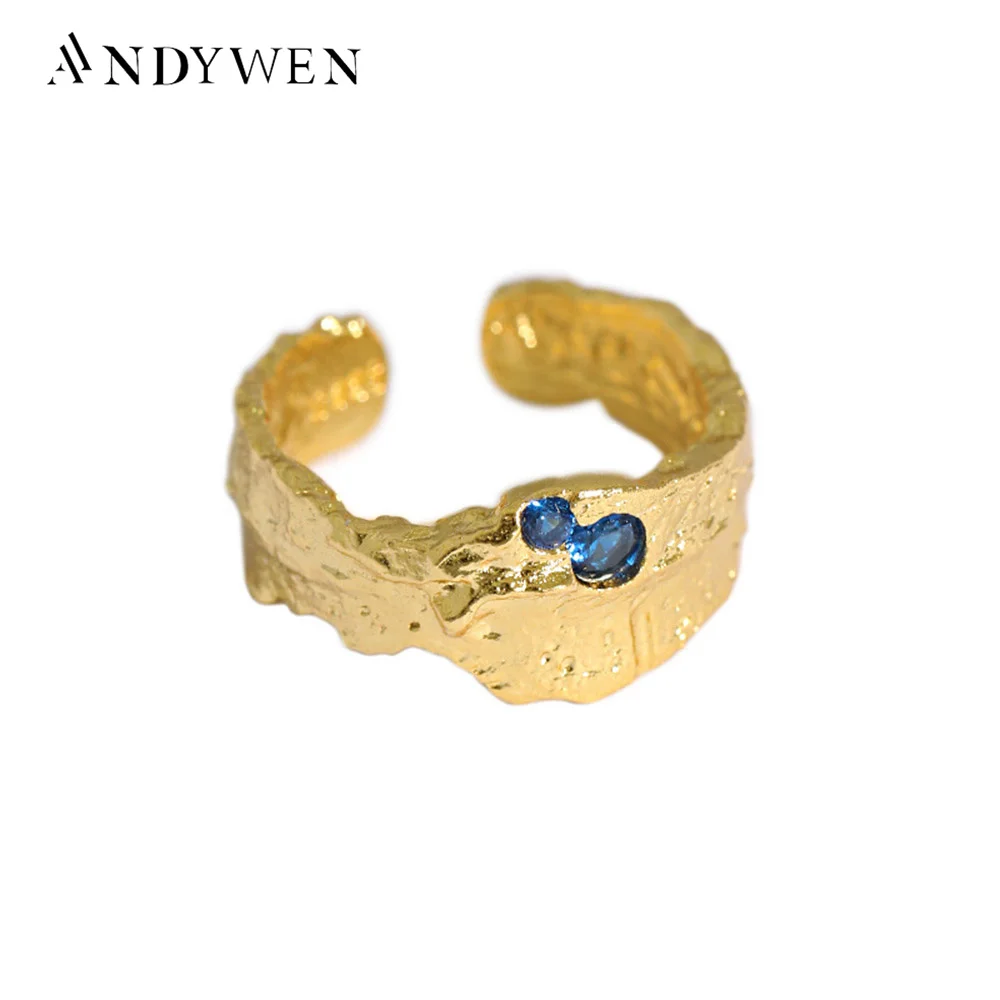 ANDYWEN 925 Sterling Silver Gold Resizable Blue Rings Women Adjustable Wedding Rock Punk Circle Rock Punk Wedding Jewelry