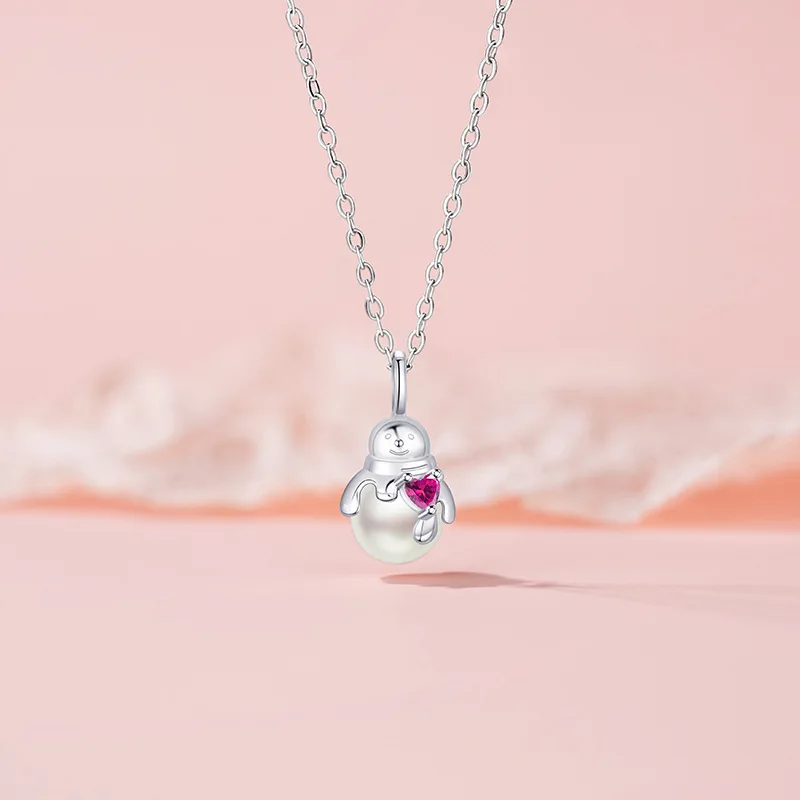 925 Sterling Silver Zircon Heart Pearl Snowman Pendant Necklace for Women Clavicle Chain Birthday Wedding Party Jewelry Gift