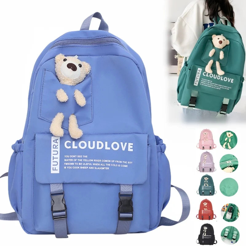 

Korean Style Schoolbag,A Bear Decorate on Satchel,Nylon Breathable and Waterproof Solid Color Backpack,Laptop Bag for Travel