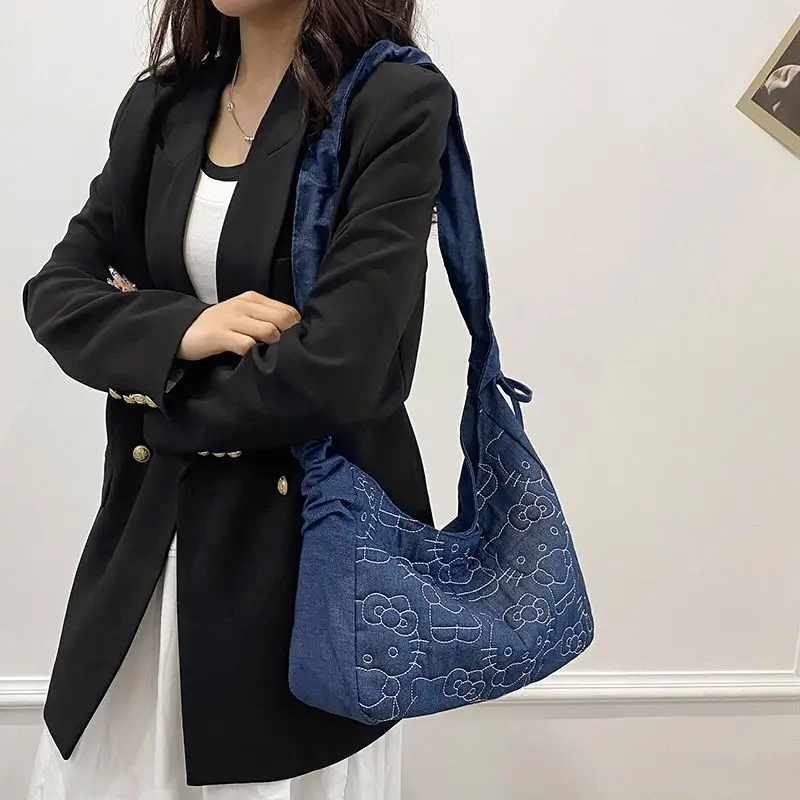 

Sanrio Hello Kitty Cute Blue Large Capacity Tote Bag Denim Canvas Embroidered Shoulder Bag Trend Casual Commuting Crossbody Bag
