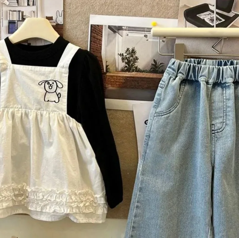 Spring and Autumn Kids Girls Pants Cute Lace Stitching Loose Pants Baby Girls Kawaii High Waist Casual Jeans Wide Leg Pants 2-8y