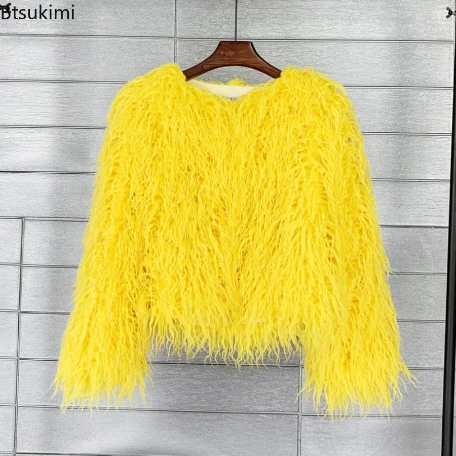 Dames pluizige bontjas kleurrijke streetwear nepbont jas Koreaanse stijl dameskleding schapenvacht jas korte mouw met lange mouwen