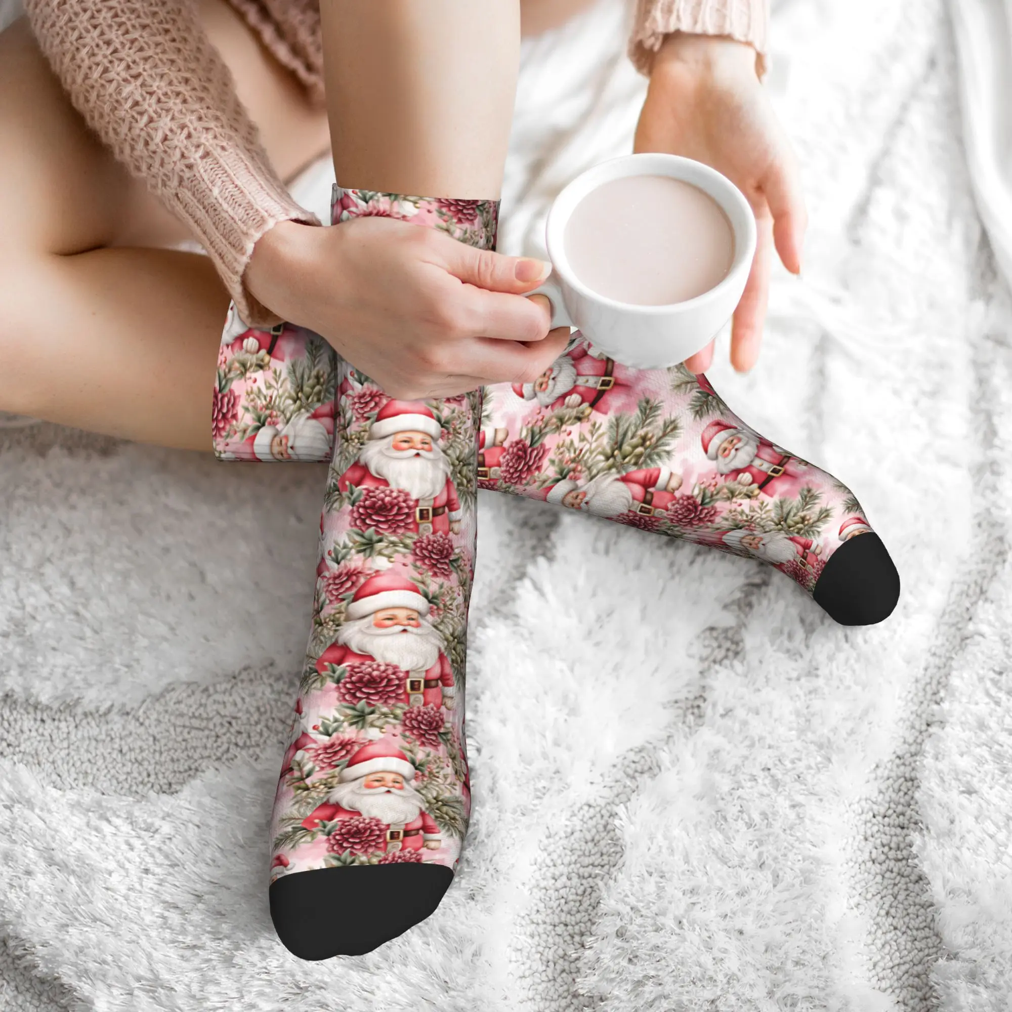 Funny Pink Santa Claus Christmas  Pattern Socks Men Women Warm 3D Print  Sports Basketball Socks view 6