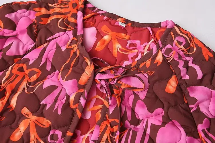 على الوجهين سترة مبطنة بالقطن ربطة القوس فيونكة الدانتيل يصل معاطف عادية الأزهار المطبوعة مبطن السترات النساء الخريف الشتاء معطف دافئ #3