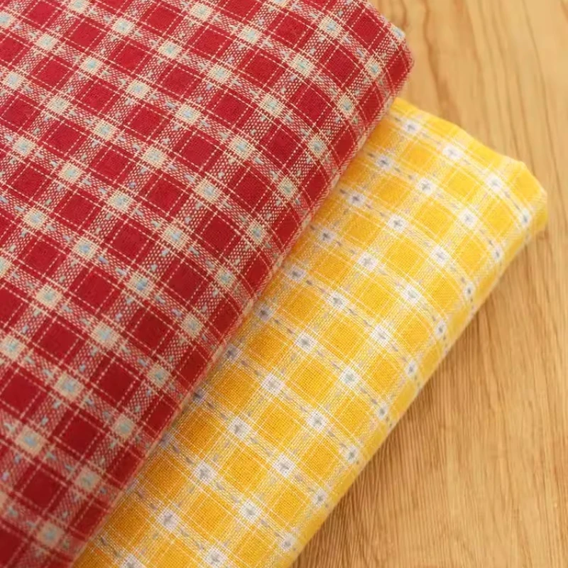 Jacquard Linen Look Gingham Fabric Stitch Embroidered Claret Ochre Vintage for Dresses Scrunchies Tablecloths DIY Sewing Fabrics