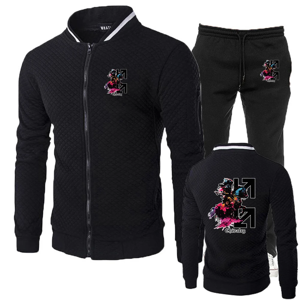 Knight and Axe Pattern Men's Tracksuit Hoodie Sweatpants Urban Casual Fashion Sportswear Daily Casual Sporty Zipper Outfit