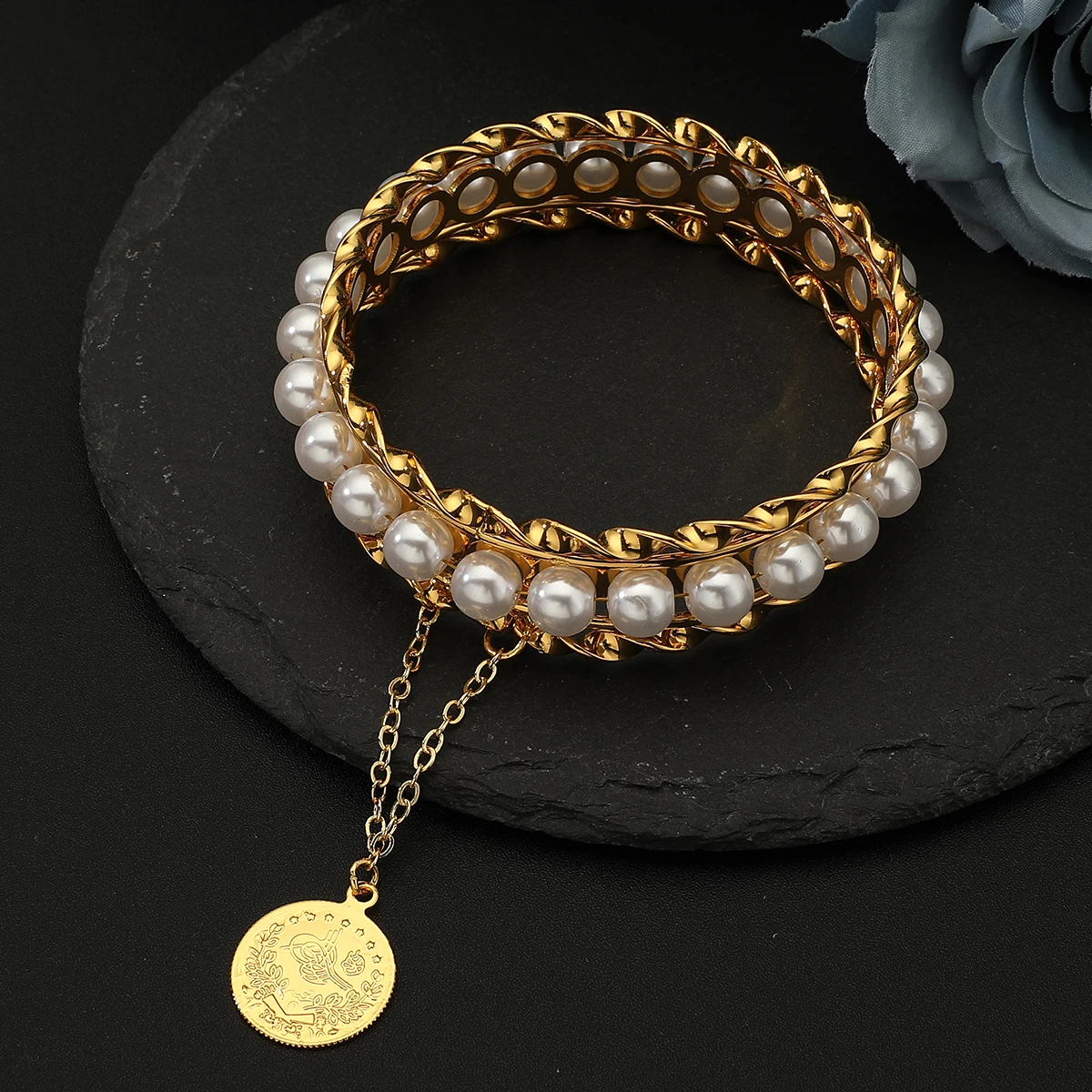18K Gold Plated artificial pearls  Bracelet for Women,  Coin Pendant Chain bangle, Gift for Wife Mom Girlfriend