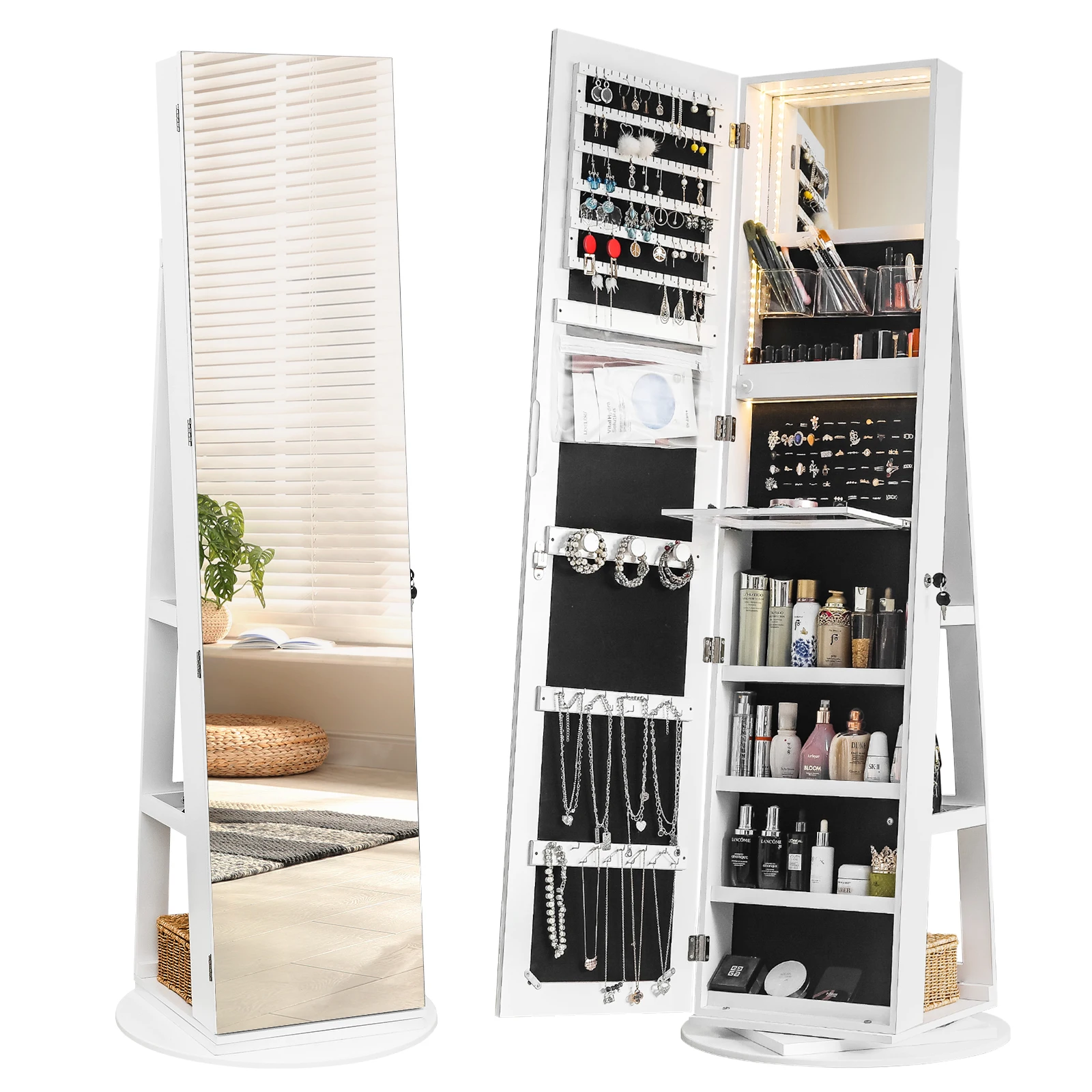 Jewelry Armoire with Full Length Mirror 360° and Large Capacity Jewelry Organizer Armoire, Lockable Mirror with Jewelry Storage