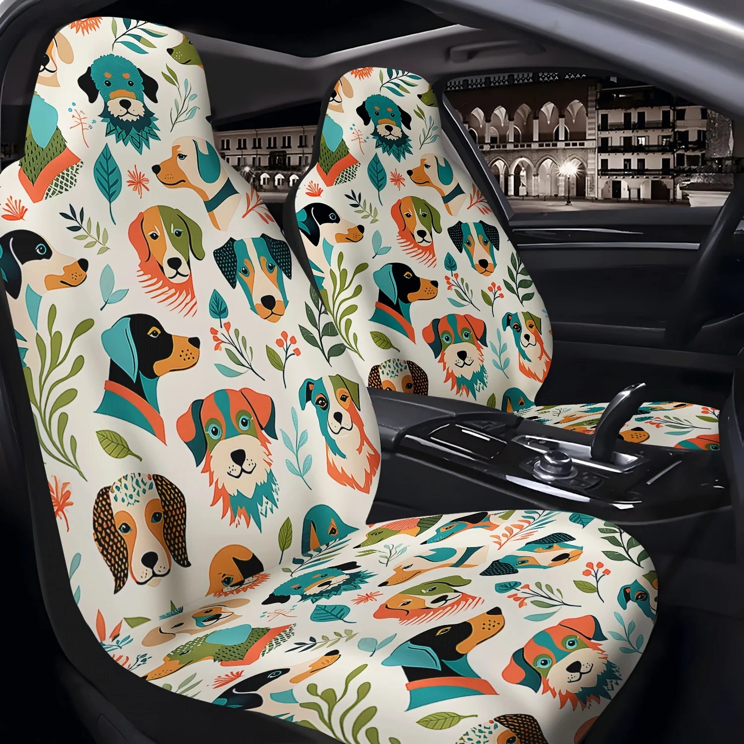 Two Cartoon Dog Patterned Car Seat Covers, Cute Interior Seat Additions For Car Front Seat Protection, Suitable For Cars, Trucks