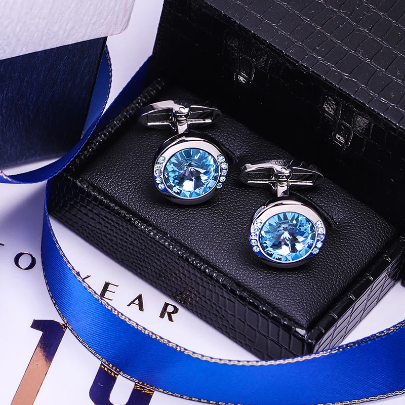 KFLK Jewelry shirt small cufflink for Unisex Brand Blue Crystal Cuff link Button High Quality Luxury Wedding Groom guests