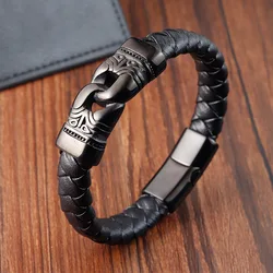 Stainless Steel Black Plated Chunky Jewelry Viking Genuine Leather Braided Bracelet Animal Teeth Totem for Men