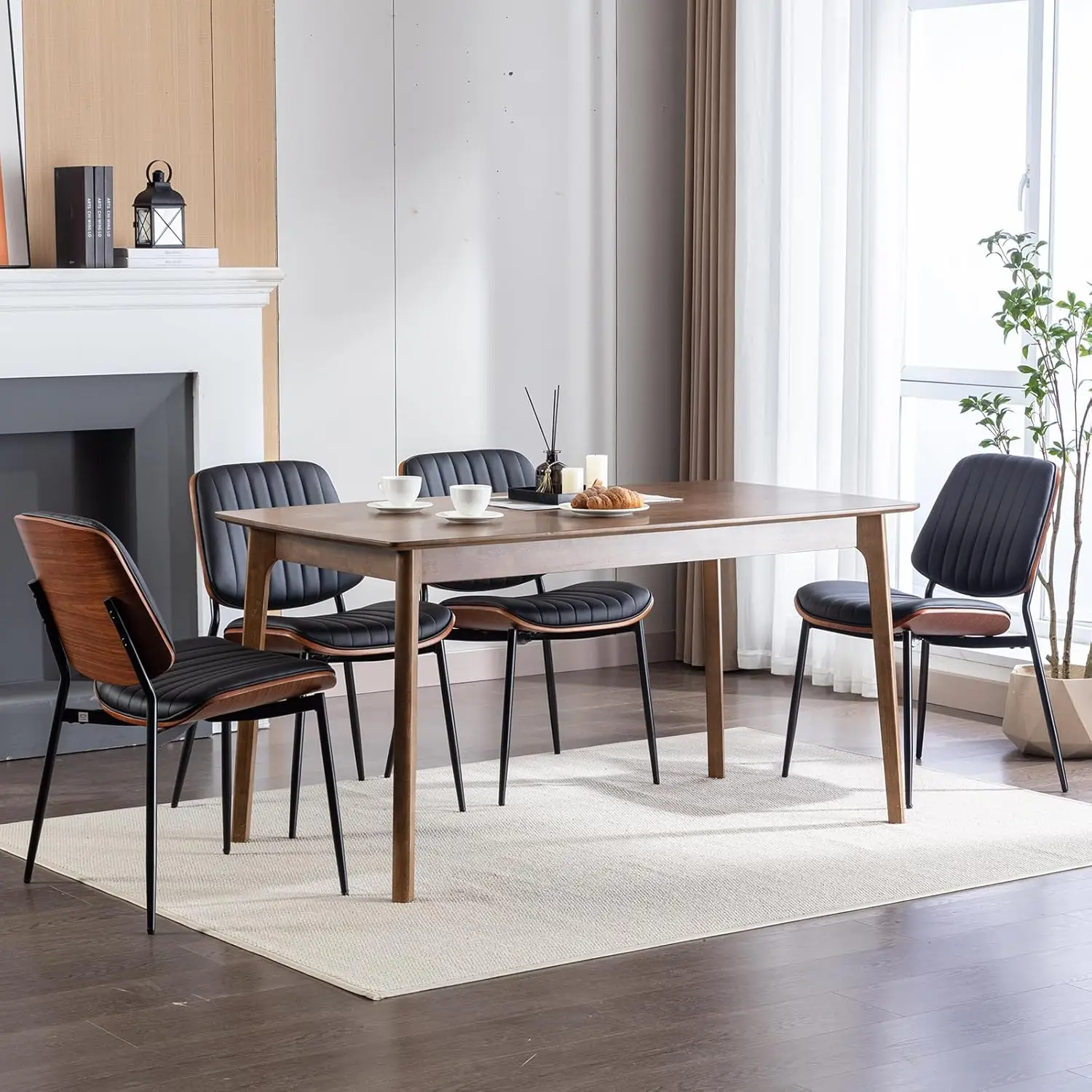 Black PU Leather Mid Century Modern Dining Chairs for Kitchen & Dining Room, Set of 4, Walnut Back & Metal Leg