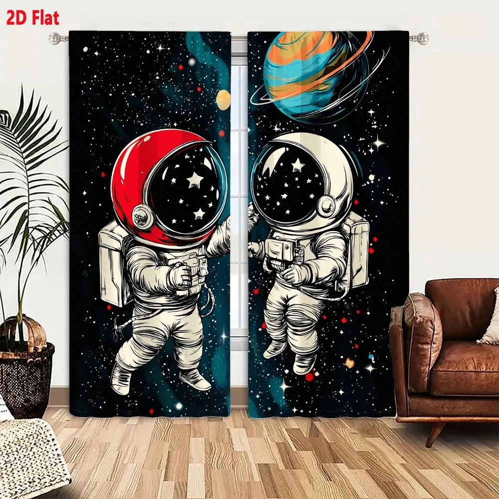 2Pcs Curtains 2D Flat Astronauts Floating In Space Reaching For Each Other Near Colorful Ringed Planet And Nebula Window Drapes